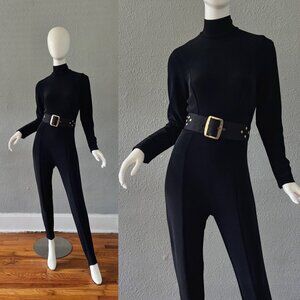 Vintage 80s Black Mock Neck TADASHI Stirrup Catsuit Jumpsuit M